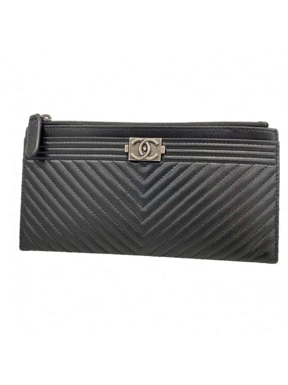 Chanel Wallet Boy Stitch Lambskin Black Silver